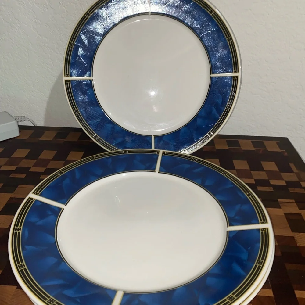 4 VTG Sapphire Sango 8822 MCM Stoneware Blue White Yellow 10.5”Dinner Plate Set